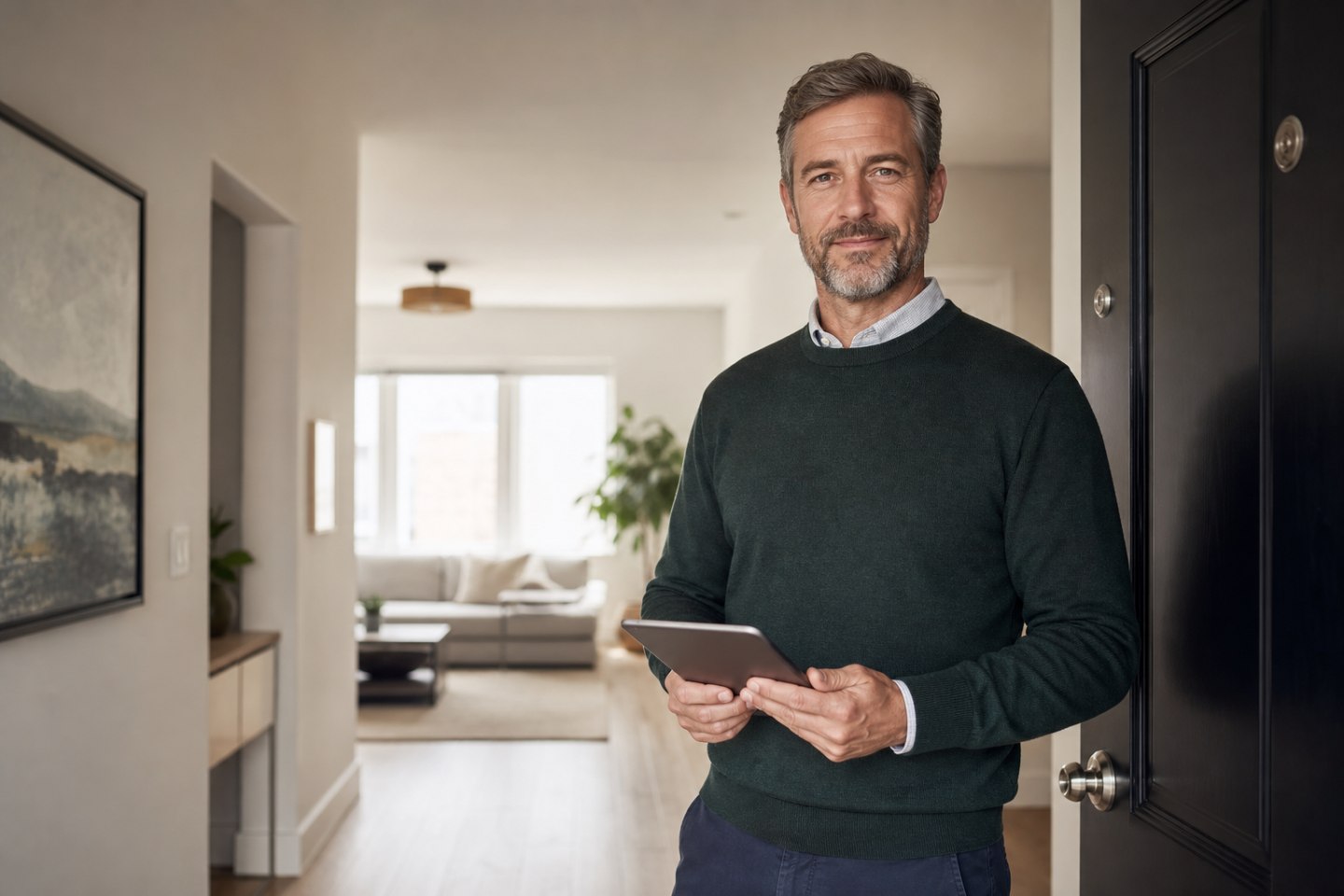 Property manager using a tablet in a rental home